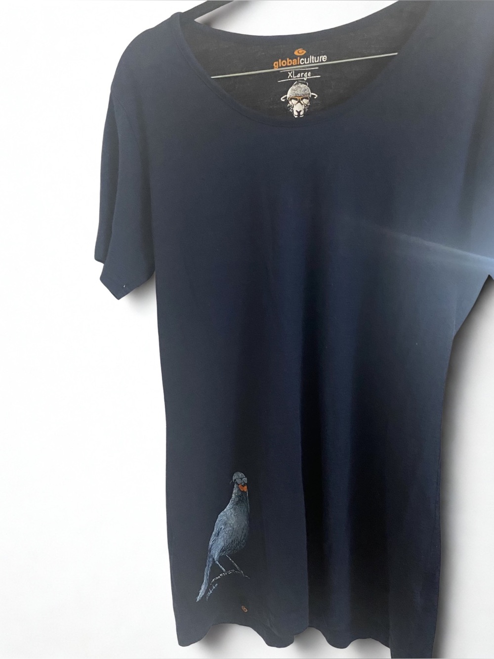 Global Culture Navy Tee with Bird Motif size XL 100% Merino Wool - Picture 10 of 13